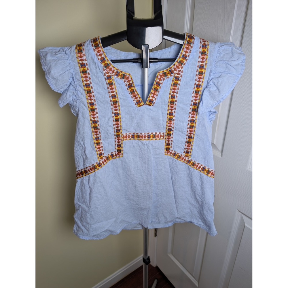 Entro Embroidered Blouse Womens Medium Blue Flutter Sleeve Cotton Top